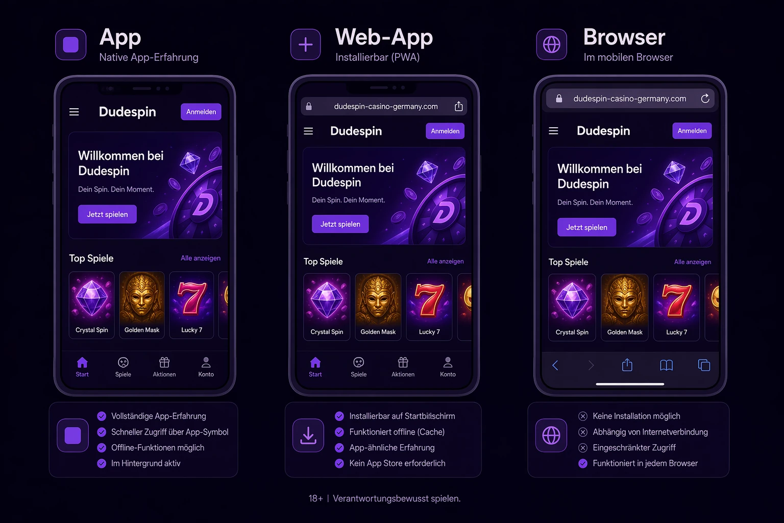 Dudespin auf Android und iOS: App, Web-App oder Browser-Version
